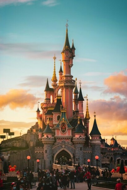 Visitors walk along the sidewalk beside a brown concrete building at Disneyland Paris in Marne-la-Vallée, France