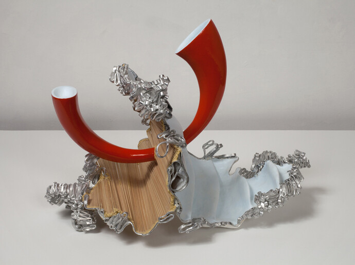 John Newman, Ask the fact for the form (red collapse), 2011, extruded aluminum, wood, Japanese paper, papier-mâché, wood putty, aqua resin, epoxy paste, acrylic and enamel paint, 18 x 24 x 12 inches