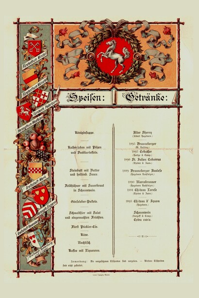 Menu del banchetto per l'inaugurazione dell'imperatore Guglielmo Monumento, nel Kaiserhof di Porta Westfalica, Germania, il 18 ottobre 1896