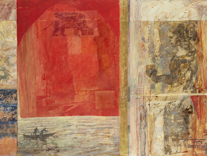 Victoria Crowe, Red Rialto, mixed media on conservation board, 80 x 119 cm