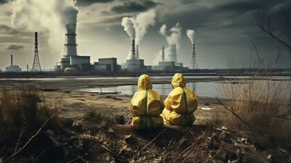People in hazmats and masks outside a nuclear power plant
