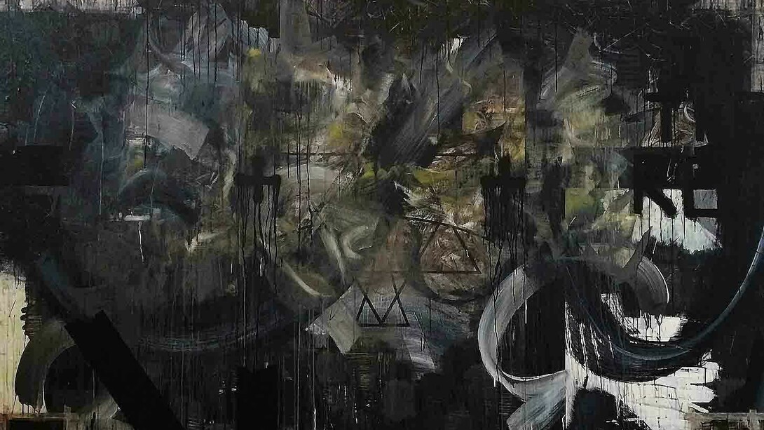 Zavier Ellis, The End of Days, 2014, Liquitex acrylic, spray paint, oil, tape, collage on board, 200 x 300 cm