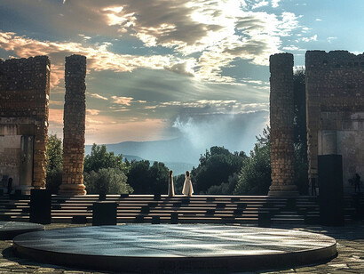 Immagine Midjourney rielaborata, nei teatri classici di Siracusa, Pompei e nel teatro Andromeda