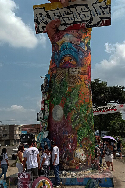 Puerto Resistencia, formerly called Puerto Rellena, with the Monument to the Resistance in memory of the struggle and the dead against the Duque government, Colombia