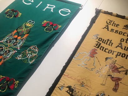 Aussies! The Migration Museum Banners Project, exhibition view. Courtesy of Migration Museum