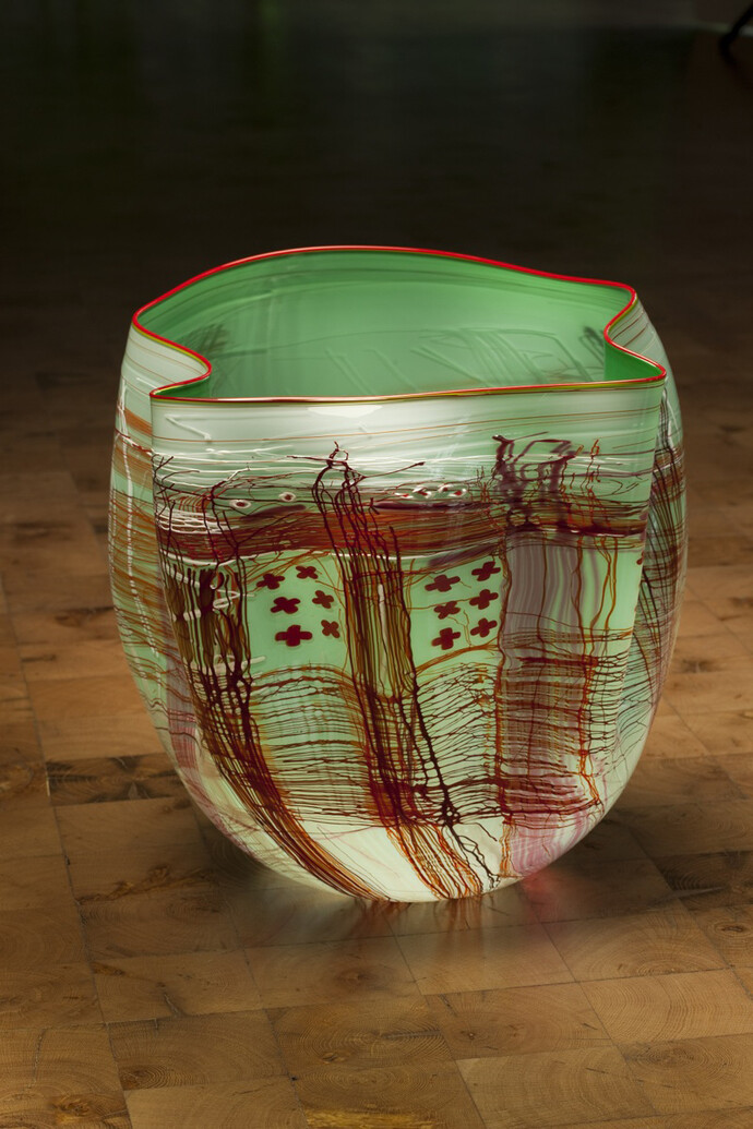Dale Chihuly, Mint Green White Soft Cylinder with Cherry Lip Wrap, Dimensions: 20 x 19 x 15", Piece Number: 12.111.sc1