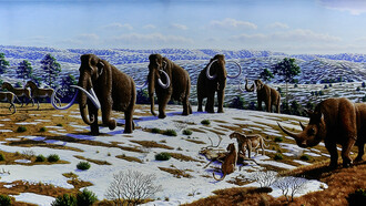 A group of prehistoric hunters confronts a gigantic mammoth in a lush, sunlit forest setting