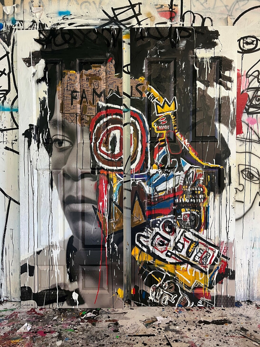 Andrew Cotton, Famous, mixed media on double door panels, 80x60 in