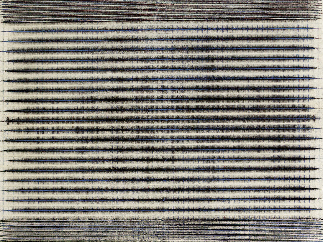 Yazid Oulab, Untitled (V), 2015, Oil on canvas and plumb lines, 130h x 162w cm, Courtesy of Selma Feriani Gallery and the artist