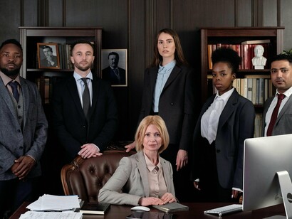 A team of professionals stands in a formal office setting exuding authority and seriousness, a display of authority and ambition—where power is concentrated, decisions are made, and influence is wielded