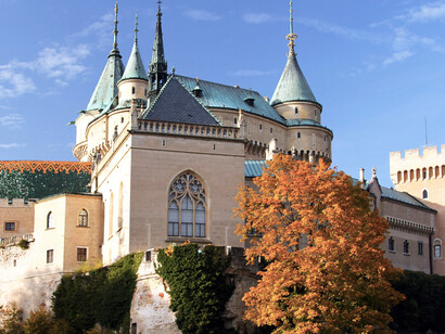An aerial view of Bojnice Castle in Bojnice, Trenčín Region, Slovakia