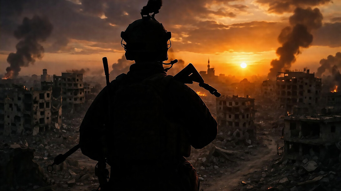 A lone soldier stands silhouetted against a burning, war-torn city, where conflict, power, and silence converge at the edge of collapse