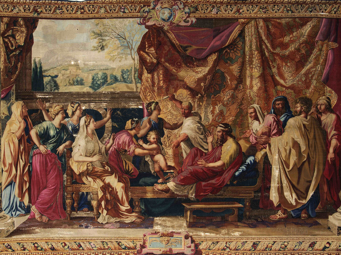 Nicolas Poussin, Mosè bambino calpesta la corona del Faraone, arazzo, dettaglio