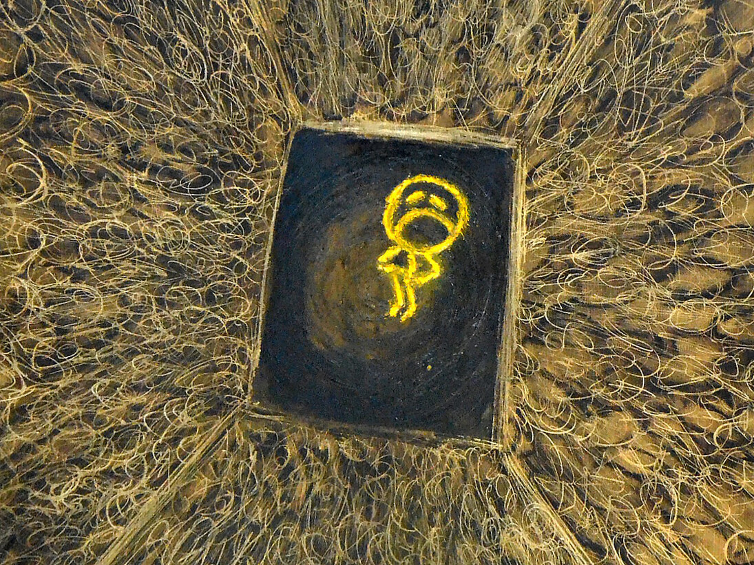 Mais minutos sozinho - 60X120 cm - Pastel extrafino, grafite, esferográfica, cimento refratário, laca e solução vinílica sobre tela
