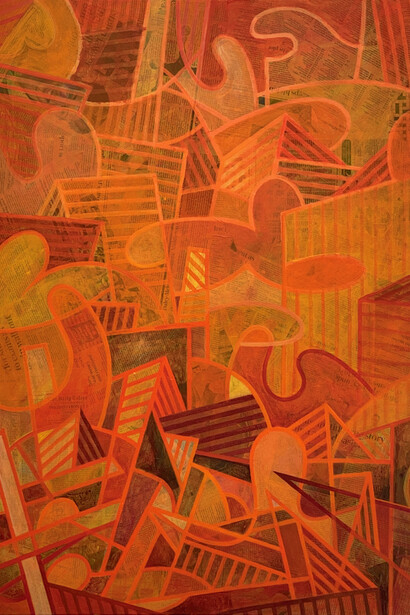 Healing organisms, acrylic, pencil, newspaper on canvas, 100 x 80 cm, Mark Weighton, 2025  
