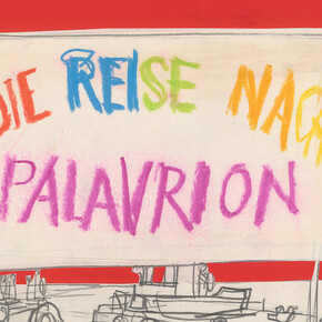 Hans-Ulrich Steger produced several drafts for the book jacket before he decided on the book title and final design. Hans-Ulrich Steger, book jacket draft, Die Reise nach Palavrion [Travelling to Palavrion], 1967. Collage, Neocolor and pencil on paper. Zurich Central Library, graphics collection
