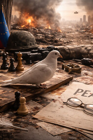 A symbolic still life of fragile peace, where conflict, power, and hope are held in uneasy balance