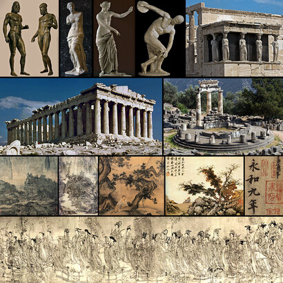 Some examples of ancient art. Greek sculpture and architecture (upper two rows) and traditional Chinese painting and calligraphy (lower two rows).