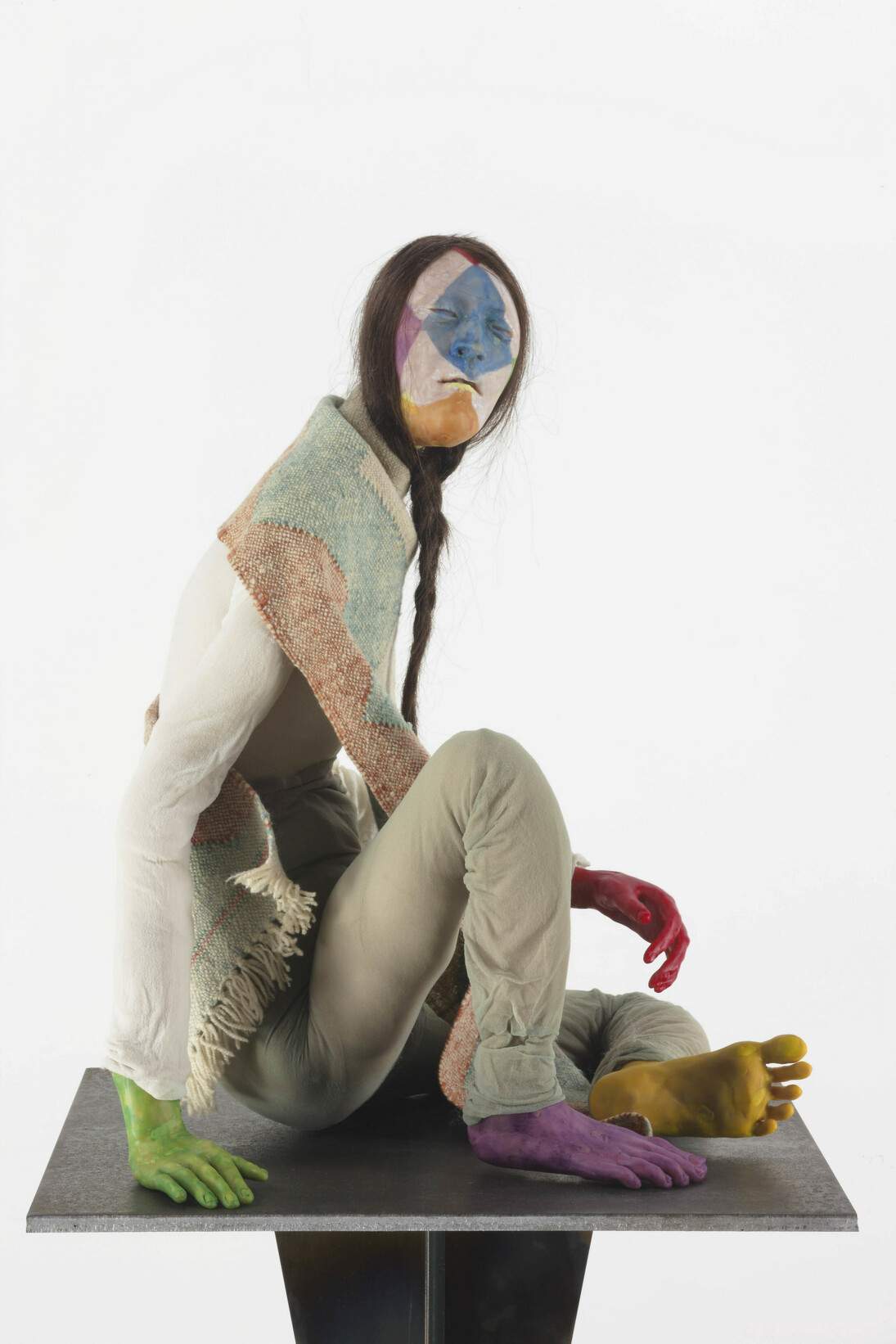 Francis Upritchard. Music Teacher, 2013, Modelling material, fabric, steel and wire armature, human hair and paint, 51.1 x 56 x 41 cm.