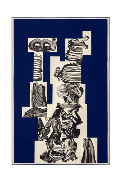 David Korty, Blue Shelf #33, 2015, Ink, paper, pencil and paint on canvas, 68 x 45 inches