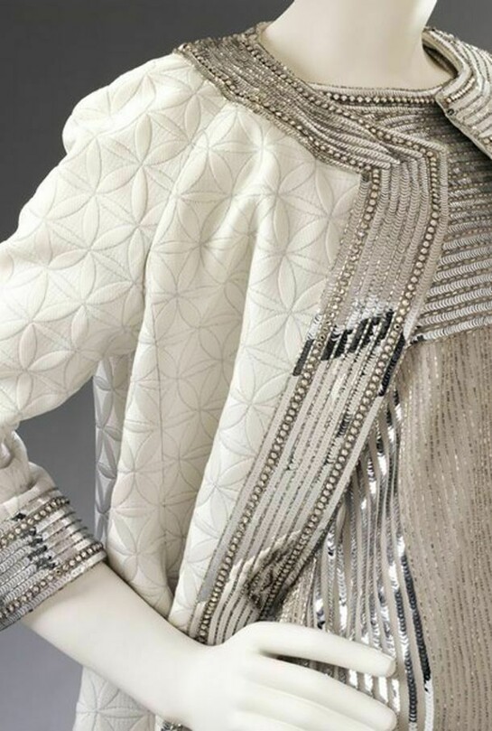 Evening dress of embroidered net and matelasse coat (detail), 1966, Mila Schön, 1 MB, Courtesy Maison Mila Schön, Photo © Victoria and Albert Museum, London