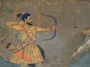 Sultan ‘Ali ‘Adil Shah II Slays a Tiger Attributed to the Bombay Painter (probably Abdul Hamid Naqqash) Bijapur, ca. 1660, Ink, opaque watercolor, gold, and probably lapis-lazuli pigment on paper, 8½ × 12⅜ in. (21.5 × 31.5 cm), The Ashmolean Museum, Oxford. Lent by Howard Hodgkin.