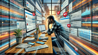 A visual representation of the constant pressures of technology, information overload, and the fast-paced demands of modern life