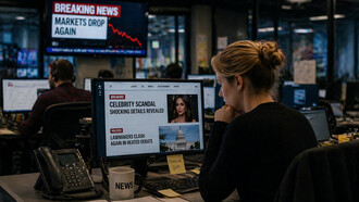 A journalist surrounded by bold headlines and alerts, symbolising the constant demand for attention-grabbing stories
