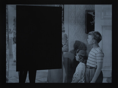 John Stezaker, Untitled, 2015, Silkscreen on black cotton, 64 9/16 x 80 11/16 in. (164 x 205 cm), Courtesy of The Approach, London