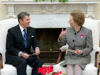 President Ronald Reagan meets with UK Prime Minister Margaret Thatcher in the Oval Office in 1988