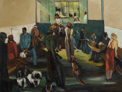 Unknown American Artist (20th Century), Veterinarian’s office (detail). Courtesy of Vose Galleries