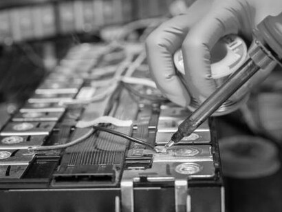 A technician uses a soldering iron to connect the metal terminals and wires of a lithium-ion rechargeable battery, ensuring secure and efficient electrical connections