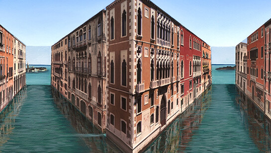 Patrick Hughes, Venice Volumes, 2013, Oil and photographic collage on board construction, 28.5 x 75 cm