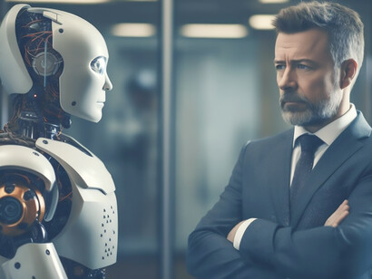 The image depicts a robot standing alongside a businessperson
