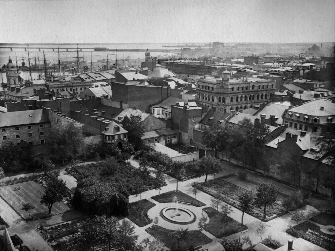 Alexander Henderson, Bird's eye view of Seminary gardens, Montreal, about 1870. MP-0000.10.170 © McCord Museum
