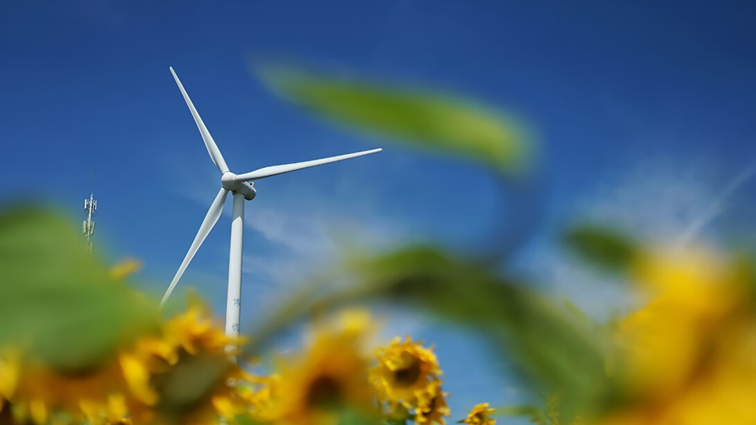 A white wind turbine standing tall amidst a field of vibrant yellow sunflowers, with the sun shining in the background, creating a striking contrast that symbolizes the harmony between renewable energy and nature