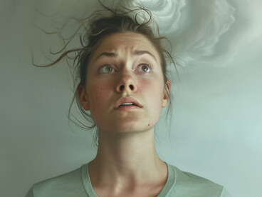 An overstimulated person lost in deep thought, symbolizing brain fog as a cloud hovering above their hea