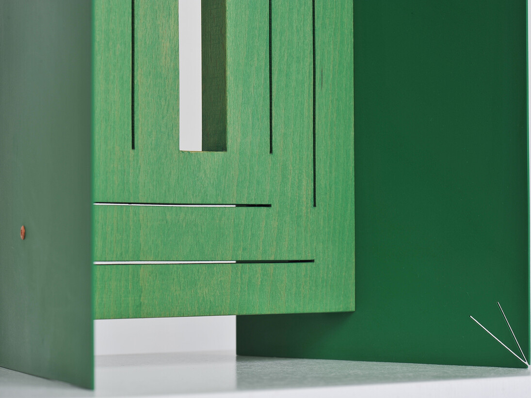 Matt Paweski, Window (Thin), 2014, Euro-beech hardwood, steel, copper rivets, enamel, wax, 96.5 x 22.8 x 17.7 cm / 38 x 9 x 7 in, Plinth: 91.4 x 38.1 x 27.9 cm / 36 x 18 x 10 in. Photo Credit: Ruben Diaz