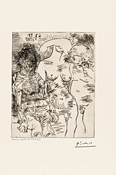 Pablo Picasso
Sabartés con dos mujeres (I estado)
Cannes, 4 de julio - 22 de agosto de 1959. Grabado en la punta seca sobre plancha de cobre, estampado sobre papel vitela, 38,5 x 30,5 cm. FABA Fundación Almine y Bernard Ruiz-Picasso para el Arte
