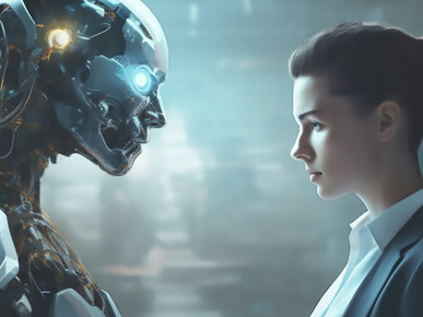 In the frame, a robotic figure stands alongside a human businessperson, illustrating the coexistence of technology and corporate individuals