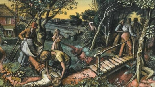 Alan Sorrell, The Long Journey, 1936, signed and dated, pencil, ink and gouache on paper, 37 x 52.3 cm (14 ½ x 20 ½ in.), Courtesy of the Trustees of Sir John Soane's Museum