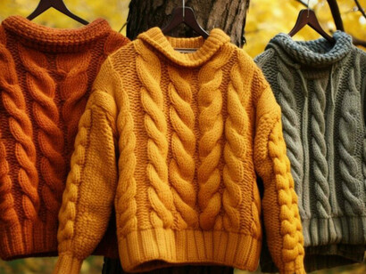 Autumn arrives with woolen sweaters hanging on a tree, blending nature with seasonal comfort