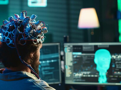 Ricercatore che programma il trasferimento del cervello nel mondo virtuale