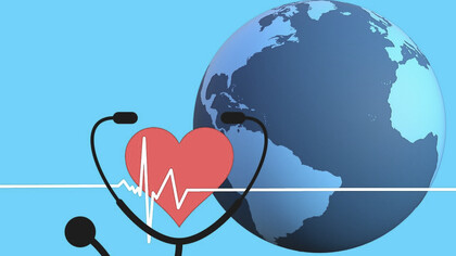 Symbolizing the global impact of the pandemic, a heart intertwined with a stethoscope stands beside an image of the world, encapsulating the profound connection between healthcare and the well-being of humanity