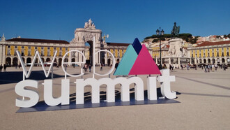 WebSummit sign on the Commerce Square (Praça do Comércio), in Lisbon, Portugal, on 6 November 2017