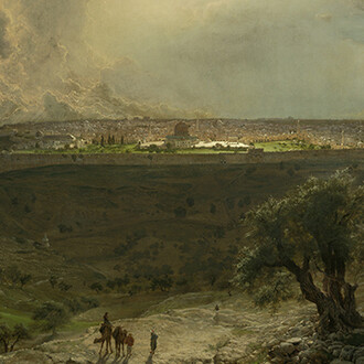 Frederic Edwin Church, American (1826-1900). Jerusalem from the Mount of Olives, 1870. Oil on canvas, 54 1/4 x 84 3/8 inches. Gift of the Enid and Crosby Kemper Foundation, F77-40/1.
