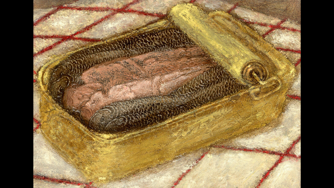 Plum Cloutman, Sardines, 2023, pastel, watercolor pencil and oil on paper, mounted on board, 5x7 inches, copyright the artist. Courtesy the artist and M+B Art, LA