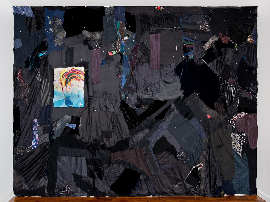 Todd Knopke, Night, 2015, fabric, thread, tassel, plastic plant, acrylic paint, sole insert, metal, net dimensions variable