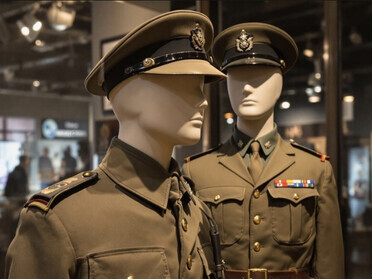 A military uniform is on display behind a glass case