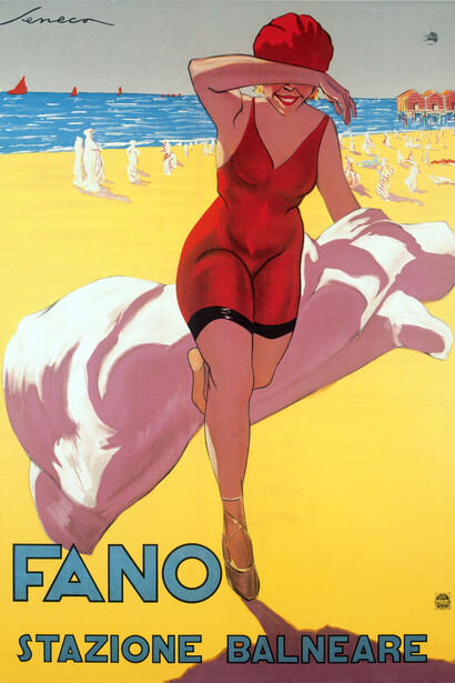 Federico Seneca, manifesto pubblicitario, “Fano stazione balneare”, 1923, carta/cromolitografia, 140 x 100 cm Museo nazionale Collezione Salce, Treviso. Courtesy of M.A.X. museo